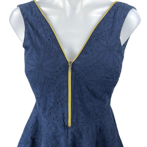 Ark & Co Navy Blue Yellow Zip Up Floral Embroidered Pleated Mini A Line Dress S - Picture 3 of 5